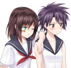  2girls arm_on_another&#039;s_shoulder bandages black_hair brown_eyes commentary_request green_eyes multiple_girls nijou_izumi one_eye_closed onjouji_toki open_mouth saki_(manga) saki_achiga-hen school_uniform senriyama_school_uniform serafuku short_hair short_sleeves sleeveless suzushiro_yukari sweatdrop 