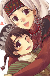  1boy :d ;d age_difference amira braid brown_eyes brown_hair commentary_request dutch_angle earrings female gem harushino hat head_scarf heart hug husband_and_wife jewelry karluk kazakh_clothes kazakhstan long_hair long_sleeves looking_at_viewer necklace one_eye_closed open_mouth otoyomegatari pearl_(gemstone) pearl_necklace short_hair smile striped uygur uygur_clothes 