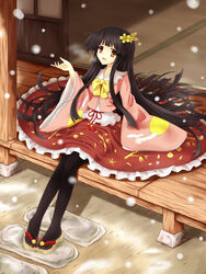  :d absurdres black_hair black_pantyhose blunt_bangs blush brown_eyes commentary_request female flan_(zhd91) flower full_body hair_flower hair_ornament highres hime_cut houraisan_kaguya long_hair long_skirt long_sleeves open_mouth pantyhose photoshop_(medium) sandals sitting skirt smile snow snowing solo touhou very_long_hair wooden_floor zouri 