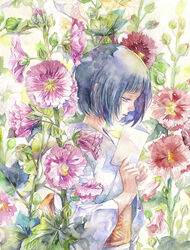  black_hair blunt_bangs commentary_request female flower hollyhock japanese_clothes kimono original painting_(medium) paper profile short_hair solo toyoda_izumi traditional_media watercolor_(medium) 