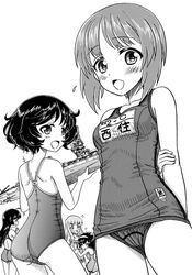  5girls akiyama_yukari commentary_request competition_school_swimsuit fusou_(battleship) girls_und_panzer greyscale hidaka_medaka highres isuzu_hana looking_at_viewer monochrome multiple_girls nishizumi_miho old_school_swimsuit one-piece_swimsuit photoshop_(medium) reizei_mako school_swimsuit short_hair swimsuit takebe_saori 