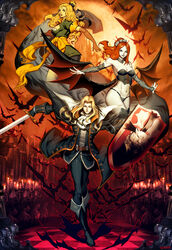  1boy 2girls alucard_(castlevania) bat_(animal) blonde_hair bustier castle castlevania:_symphony_of_the_night castlevania_(series) commentary demon_girl english_commentary genzoman long_hair maria_renard moon multiple_girls panties photoshop_(medium) red_hair shield succubus_(castlevania) sword underwear vampire weapon 