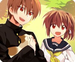  1boy alternate_costume alternate_hair_length alternate_hairstyle bad_id bad_pixiv_id brother_and_sister brown_hair feline female gakuran little_busters! long_hair natsume_kyousuke natsume_rin ponytail red_eyes school_uniform sennen_suisei serafuku short_hair siblings 