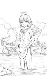  angel angel_wings commentary_request dress feathered_wings female forest greyscale haibane_renmei halo monochrome naotan nature rakka_(haibane) school_uniform serafuku short_hair skirt_hold solo wading water waterfall wet wings 