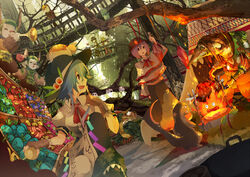  4girls alternate_hair_length alternate_hairstyle bad_id bad_pixiv_id bangaa bird blue_hair boned_meat bridge calcifer crossover final_fantasy fingerless_gloves fire food fruit gloves hat hinanawi_tenshi howl_no_ugoku_shiro instrument jungle kodama maribel_hearn meat mononoke_hime monster_hunter_(series) moogle multiple_girls nagae_iku nature oerba_yun_fang pikmin_(series) pokemon purple_hair red_eyes roasting rotisserie saliva short_hair studio_ghibli tenco&#039;s_story tent tokoroten_(hmmuk) toucan touhou tree trumpet usami_renko velociprey 