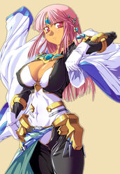  ariel_org breasts cape cleavage dark-skinned_female dark_skin female large_breasts photoshop_(medium) pink_hair real_robot_regiment red_eyes sangekimaru solo super_robot_wars super_robot_wars_original_generation 