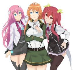  3girls :t arm_around_shoulder bad_id bad_pixiv_id belt blue_eyes choker crossed_arms crossover gakusen_toshi_asterisk girl_sandwich green_kaminari hair_ornament hair_ribbon hairclip hand_on_another&#039;s_head julis-alexia_von_riessfeld long_hair multiple_crossover multiple_girls ootori_ouka orange_hair patting pink_hair rakudai_kishi_no_cavalry red_eyes red_hair ribbon sandwiched season_connection skirt smile stella_vermillion taimadou_gakuen_35_shiken_shoutai thighhighs trait_connection two_side_up 