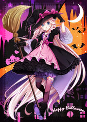  absurdly_long_hair bat_(animal) black_footwear blonde_hair blue_eyes boots broom commentary_request crescent female full_body halloween hand_on_headwear hat holding holding_broom ia_(vocaloid) long_hair purple_legwear ribbon silk skirt solo spider_web star_(symbol) star_print tsujiori very_long_hair vocaloid witch witch_hat 