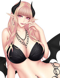  baru_(val-val) black_bra blonde_hair bra breasts commentary_request demon_girl demon_horns demon_wings earrings female fingernails highres hoop_earrings horns jewelry large_breasts long_fingernails long_hair looking_at_viewer navel_piercing necklace o-ring o-ring_top piercing pink_eyes pixiv_succubus pointy_ears smile solo underwear wings 