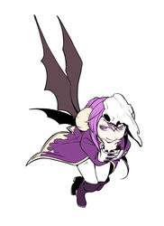  1boy animal_skull bat_wings boots chibi coat commentary_request demon_boy demon_wings evillious_nendaiki goat_horns hand_on_own_chin horns ichi_ka kamui_gakupo knee_boots leaning_forward long_coat long_hair male_focus nail_polish pants partial_commentary photoshop_(medium) ponytail purple_coat purple_eyes purple_footwear purple_hair purple_nails sateriasis_venomania smile solo venomania_kou_no_kyouki_(vocaloid) vocaloid white_pants wings 