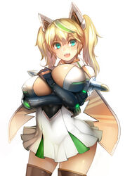  aqua_eyes bare_shoulders black_gloves black_thighhighs blonde_hair breasts cleavage commentary_request elbow_gloves female gene_(pso2) gloves harusame-r highres large_breasts long_hair looking_at_viewer phantasy_star phantasy_star_online_2 simple_background smile solo thighhighs thighs twintails white_background 