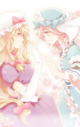  2girls arm_ribbon blonde_hair blue_dress bow commentary_request crying crying_with_eyes_open dress elbow_gloves eye_contact flower gloves hair_ribbon hat hat_bow hat_ribbon long_hair long_sleeves looking_at_another multiple_girls petals pink_eyes pink_hair popoin puffy_sleeves purple_dress purple_eyes ribbon saigyouji_yuyuko sash separated short_hair tears touhou tress_ribbon triangular_headpiece veil very_long_hair white_gloves wide_sleeves yakumo_yukari yuri 