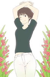  arms_behind_head arms_up brown_eyes brown_hair commentary_request cowboy_shot female flower gake_no_ue_no_ponyo gladiolus green_shirt highres jas_(littlecrime) lisa_(ponyo) looking_at_viewer midriff one_eye_closed pants photoshop_(medium) red_flower shirt short_hair short_sleeves smile solo standing studio_ghibli white_pants 