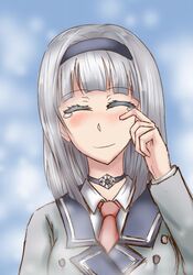  anna_nishikinomiya bad_id bad_pixiv_id black_choker black_hairband blue_background blush breasts choker closed_eyes closed_mouth commentary english_commentary facing_viewer female grey_hair hairband hand_on_own_face hand_up long_sleeves matsuki_miyu medium_breasts necktie red_necktie school_uniform shimoneta_to_iu_gainen_ga_sonzai_shinai_taikutsu_na_sekai smile solo tears upper_body wing_collar zen_cross 