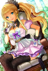  bad_id bad_pixiv_id bare_shoulders belt bird bird_on_hand black_thighhighs blonde_hair blue_eyes breasts chair cleavage cross crossed_legs ddongu detached_collar detached_sleeves dutch_angle female floral_print gloves hand_on_own_hip highres layered_skirt long_hair medium_breasts photoshop_(medium) pleated_skirt ponytail print_thighhighs sitting skirt smile solo striped sword_girls thighhighs very_long_hair wavy_hair 