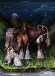  2014 adeloo ambiguous/ambiguous ambiguous_gender belle_(hidalgo) black_mane black_tail blaze_(marking) brown_body brown_fur clydesdale detailed_background digital_media_(artwork) draft_horse duo equid equine facial_markings feathering feral feral_on_feral fur grass head_markings hidalgo_(fursona) hooves horse long_tail looking_back mammal mane markings mountain multicolored_body multicolored_fur night outside plant quadruped river shire shooting_star sky snout star starry_sky tail two_tone_body two_tone_fur underhoof white_body white_fur white_mane white_markings white_tail 