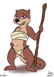  anthro bandage breasts brown_body brown_fur chest_wraps claws cleavage clothed clothing female fur grin hi_res kari_(monohors3) mammal midriff mustelid navel noodlestoat otter panties purple_eyes simple_background smile solo staff standing underwear whiskers white_background wraps 