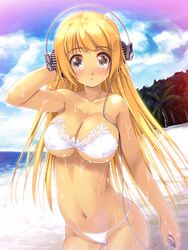  :o bad_link bandeau beach bikini blonde_hair blush breasts brown_eyes cameltoe cleavage digital_media_player female headphones large_breasts long_hair looking_at_viewer moric navel ocean outdoors palm_tree psychic_hearts sand shiny_skin solo string_bikini sweat swimsuit tree underboob 