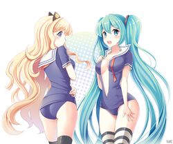  2girls aqua_eyes aqua_hair artist_name ass bad_id bad_pixiv_id blonde_hair blue_eyes blush breasts center_opening cleavage green_eyes green_hair hatsune_miku long_hair medium_breasts multiple_girls navel nontraditional_school_swimsuit one-piece_swimsuit open_mouth sailor_collar sailor_one-piece_swimsuit school_swimsuit seeu striped_clothes striped_thighhighs swimsuit thighhighs tobi_(mue86) twintails unzipped very_long_hair vocaloid zipper 