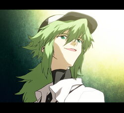  1boy baseball_cap commentary_request green_eyes green_hair hat ikunosake letterboxed looking_up male_focus n_(pokemon) nagisa_kaworu neon_genesis_evangelion open_mouth parody pokemon pokemon_bw portrait solo teeth turtleneck upper_teeth_only 