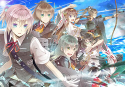  6+girls ahoge aqua_eyes ascot bad_id bad_pixiv_id bow_(weapon) brown_hair detached_sleeves gloves grey_hair hair_ornament hairband hairclip japanese_clothes kantai_collection kirishima_(kancolle) kongou_(kancolle) kumano_(kancolle) long_hair long_sleeves mizuchaya_youkan multiple_girls muneate neck_ribbon nontraditional_miko open_mouth pink_hair ponytail purple_eyes ribbon school_uniform shiranui_(kancolle) short_hair single_glove smile suzuya_(kancolle) twintails vest weapon white_gloves zuikaku_(kancolle) 