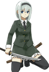  alternate_costume black_hairband blazer blue_eyes commentary_request female grey_hair hairband jacket konpaku_youmu kuma_panda necktie school_uniform short_hair skirt solo sword thighhighs touhou weapon white_hair 