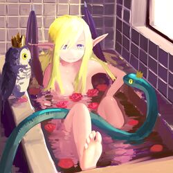  animal bad_id bad_pixiv_id barefoot bath bathroom bathtub bird blonde_hair blue_eyes breasts cleavage crown demon_girl demon_wings elbow_rest feet female flower highres indoors lilith_(p&amp;d) long_hair long_pointy_ears medium_breasts multicolored_eyes no_nose nude owl partially_submerged pointy_ears purple_eyes purple_wings puzzle_&amp;_dragons rose slit_pupils smile snake solo spikes tile_wall tiles uni_ponsuka window wings yellow_eyes 