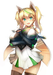  aqua_eyes bare_shoulders black_gloves black_thighhighs blonde_hair breasts commentary_request elbow_gloves female gene_(pso2) gloves harusame-r highres large_breasts long_hair looking_at_viewer phantasy_star phantasy_star_online_2 simple_background smile solo thighhighs thighs twintails white_background 