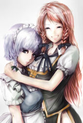  2girls bad_id bad_pixiv_id blue_eyes braid chinese_clothes grey_hair grin highres hong_meiling hug izayoi_sakuya long_hair maid_headdress matsukaze881 multiple_girls red_hair short_hair smile touhou twin_braids 