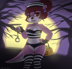  2016 animal_crossing anthro breasts brown_body brown_fur brown_hair cleavage clothed clothing cuff_(restraint) digital_media_(artwork) ear_piercing female fingerless_gloves fur gloves hair halloween handcuffs handwear hat headgear headwear holidays legwear lottie_(animal_crossing) mammal metal_cuffs midriff moon mr-shin mustelid nintendo otter piercing pink_body pink_fur plant prisoner restraints shackles shaded skimpy smile solo stockings tree 