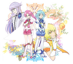  4boys blonde_hair blue_eyes blue_hair boots commentary_request cure_blossom cure_marine cure_moonlight cure_sunshine flower genderswap_(ftm) gloves hair_flower hair_ornament hanasaki_tsubomi heartcatch_precure! knee_boots komejiru_tatsunoshin kurumi_erika long_hair magical_boy multiple_boys myoudouin_itsuki pink_eyes pink_hair ponytail precure purple_eyes purple_hair ribbon rule_63 short_hair skirt sword thigh_boots thighhighs tsukikage_yuri unofficial_precure_costume weapon white_gloves yellow_eyes 