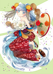  aoi89 apple bad_id bad_pixiv_id bare_shoulders blonde_hair blue_eyes blush cherry_print female floral_print flower folding_fan food food_print fruit full_body geta hair_fruit hair_ornament hakama hakama_skirt hand_fan hat japanese_clothes kimono liquid_hair long_hair original red_hakama rock sandals shoe_soles simple_background skirt smile solo toes very_long_hair white_background 