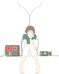  antennae barefoot blue_shirt brown_eyes brown_hair capri_pants commentary_request expressionless female full_body gake_no_ue_no_ponyo generator head_rest jas_(littlecrime) knees_together_feet_apart lisa_(ponyo) looking_at_viewer pants photoshop_(medium) radio shirt short_hair sitting solo studio_ghibli white_background white_pants 