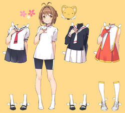  black_shirt blush brown_hair cardcaptor_sakura cheerleader commentary_request dress-up female full_body green_eyes kero_(cardcaptor_sakura) kinomoto_sakura kisekae looking_at_viewer mary_janes neckerchief paper_doll photoshop_(medium) pleated_skirt popqn school_uniform serafuku shirt shoes short_hair simple_background skirt socks tomoeda_elementary_cheerleader_uniform tomoeda_elementary_school_uniform yellow_background 