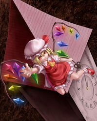  ascot blonde_hair clock clock_tower commentary_request female flandre_scarlet from_above hat highres mary_janes ponytail red_eyes shoes short_hair side_ponytail solo touhou tower wasabichan wings 