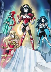  4girls amazon armor artemis artemis_(dc) artemis_(saint_seiya) black_hair blonde_hair cassandra_sandsmark dc_comics donna_troy lasso long_hair mask multiple_girls orange_hair parody ponytail saint_seiya wonder_girl wonder_woman wonder_woman_(series) 