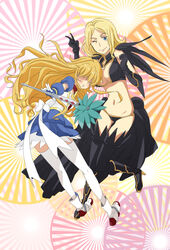  2girls bad_link black_thighhighs blonde_hair blue_eyes boots breasts cleavage cosplay curly_hair flat_chest holding holding_wand kanamin kanamin_(cosplay) large_breasts long_hair magical_girl magical_powered_kanamin marka13 multiple_girls photoshop_(medium) sasha_kruschschev thighhighs toaru_majutsu_no_index v vasilissa wand white_thighhighs 