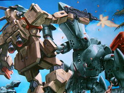  artist_request battle casing_ejection claws firing ground_gm gun gundam holding holding_gun holding_weapon hygogg machine_gun mecha no_humans one-eyed robot shell_casing shield war weapon 