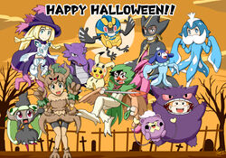  3boys 3girls alolan_marowak alolan_vulpix bare_tree blonde_hair blue_hair cloud commentary_request cosplay flying full_moon gengar gengar_(cosplay) gouguru halloween halloween_costume kiawe_(pokemon) lana_(pokemon) lillie_(pokemon) looking_at_viewer mallow_(pokemon) mimikyu mimikyu_(cosplay) moon multiple_boys multiple_girls outdoors pikachu pokemon pokemon_(anime) pokemon_(creature) pokemon_sm_(anime) popplio satoshi_(pokemon) sophocles_(pokemon) standing steenee togedemaru tree 