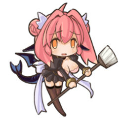  breasts broom brown_thighhighs chibi cleavage double_bun dragon_girl dragon_tail dragon_wings female hair_bun huge_breasts lowres maid nefarian onyxien orange_eyes personification pink_hair ribbon short_hair simple_background solo tail thighhighs warcraft white_background wings world_of_warcraft 