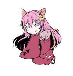  animal animal_ears animal_print blue_eyes cat_ears cat_tail chibi commentary_request enbizaka_no_shitateya_(vocaloid) evillious_nendaiki female fish food geta hair_ornament hairpin holding holding_animal holding_fish holding_food ichi_ka japanese_clothes kimono kneeling long_hair megurine_luka oerba_yun_fang partial_commentary paw_print photoshop_(medium) red_kimono solo sudou_kayo tail tuna vocaloid 