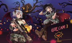  2girls bare_tree bat_wings battle_rifle belt black_legwear blush boots camouflage camouflage_shorts camouflage_skirt cape chinese_commentary combat_boots commentary_request copyright_name demon_girl demon_tail detached_sleeves facial_mark girlcam_(tanto) green_eyes gun gun_sling halloween hand_on_headwear handgun hat highres holding holding_gun holding_weapon horns house jack-o&#039;-lantern light_particles load_bearing_vest long_hair looking_at_viewer looking_down m14 midriff military military_uniform multiple_girls night pantyhose pantyhose_under_shorts photoshop_(medium) ribbon-trimmed_skirt ribbon_trim rifle scope short_hair short_twintails shorts sidelocks sitting skirt sky smile sniper_rifle star_(symbol) star_facial_mark tail tanto_(tc1995) thighhighs tree trigger_discipline twintails uniform weapon white_hair wings witch witch_hat yellow_eyes 