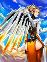  arion69 armor artist_name ass ass_support black_gloves blonde_hair blue_eyes blue_sky bodysuit breastplate breasts brown_pantyhose closed_mouth clothes_pull cloud cloudy_sky commentary cowboy_shot day english_commentary faulds female from_behind gloves halo hands_on_ass headgear high_collar lipstick loincloth long_hair long_sleeves looking_at_viewer looking_back makeup mascara mechanical_halo mechanical_wings medium_breasts mercy_(overwatch) nose overwatch overwatch_1 paid_reward_available pantyhose pantyhose_pull patreon_logo patreon_username pelvic_curtain photoshop_(medium) pink_lips ponytail signature skin_tight sky smile solo turtleneck watermark web_address wings yellow_wings 