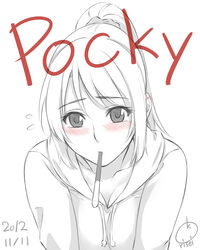  artist_name blush dated female flying_sweatdrops food food_in_mouth highres hood hood_down hoodie korisei monochrome mouth_hold original pocky pocky_day ponytail scrunchie signature simple_background solo spot_color upper_body white_background 