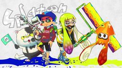  2boys aerospray_(splatoon) agent_3_(splatoon) baseball_cap bike_shorts blue_hair boots commentary_request copyright_name feline female flag glasses green_hair hat hood hoodie ink_tank_(splatoon) inkling inkling_boy inkling_girl inkling_player_character judd_(splatoon) kuuya_(akagane001) multiple_boys paint_splatter pointy_ears shoes sidelocks simple_background smile sneakers splat_roller_(splatoon) splatoon_(series) splatoon_1 squid squidbeak_splatoon tentacle_hair vest white_background 