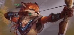  5_fingers anthro armor arrow_(weapon) blue_eyes bow_(weapon) bracers canid canine clothed clothing deadro digital_media_(artwork) feathers female fingers fox fur holding_object holding_weapon horizon_(series) jewelry mammal necklace one_eye_closed orange_body orange_fur ranged_weapon solo sony_corporation sony_interactive_entertainment weapon 