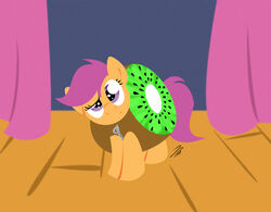  2011 clothing costume curtains equid equine female feral food food_costume friendship_is_magic fruit fruit_costume hair hasbro horse kiwifruit kiwifruit_costume mammal my_little_pony plant pony purple_hair rannva scootaloo_(mlp) solo stage young 