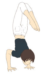  barefoot black_shirt brown_eyes brown_hair capri_pants commentary_request female full_body gake_no_ue_no_ponyo handstand jas_(littlecrime) legs_together lisa_(ponyo) midriff pants photoshop_(medium) scorpion_pose shirt short_hair short_sleeves solo studio_ghibli white_background white_pants 