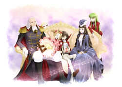  3boys 3girls aged_down aiguillette alternate_universe black_hair blonde_hair bow brown_hair c.c. cape charles_zi_britannia closed_eyes code_geass commentary_request couch dress formal gift gloves green_hair hair_ribbon hairbow happy hat hidari_ise lelouch_vi_britannia long_hair marianne_vi_britannia multiple_boys multiple_girls nunnally_vi_britannia open_mouth purple_eyes ribbon short_hair sitting smile twintails v.v. yellow_eyes 