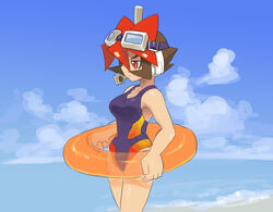  alternate_costume atlas_(mega_man) beach blue_one-piece_swimsuit breasts brown_hair cloud commentary_request competition_swimsuit day dyed_bangs female goggles goggles_on_head gradient hair_between_eyes headset innertube looking_afar medium_breasts mega_man_(series) mega_man_zx mega_man_zx_advent multicolored_hair one-piece_swimsuit outdoors profile red_eyes red_hair shigehiro_(hiroi_heya) short_hair sky solo spiked_hair standing swim_ring swimsuit transparent two-tone_hair water 